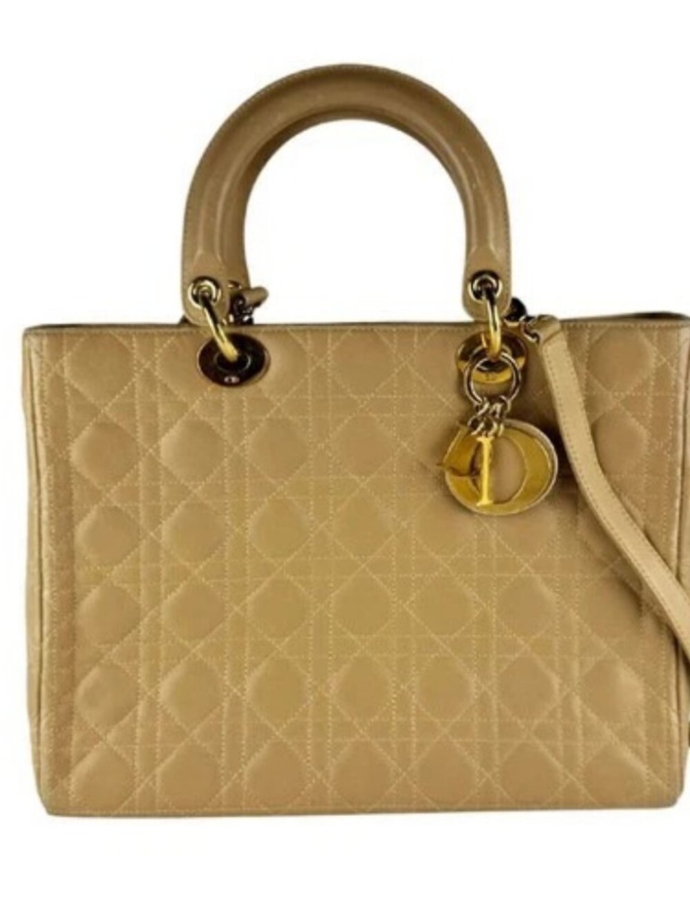 Auth Christian Dior Lady Dior Large Handbag Shoulder Bag Beige Lambskin - z10416